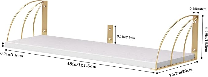 Long 48 IN White Wall Bookshelf- Curved Fan-Shaped Design with Built-in Anti-Slip Book Stops|0.71" Thicker Heavy Duty White and Gold Floating Shelf|Floating Book Shelves for Wall, Home Décor Set of 2