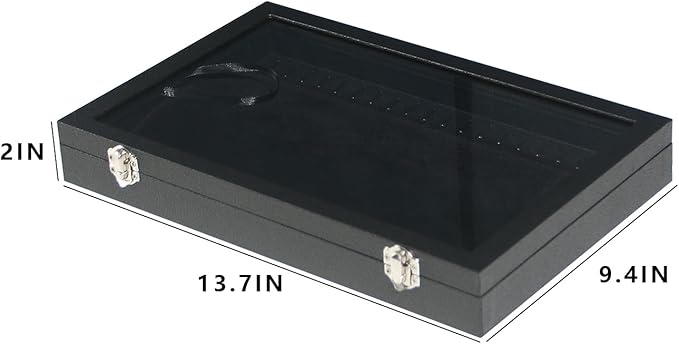 Coward 20 Hooks Necklace Organizer Jewelry Box, Dustproof Necklace Display Holder Case, Black Velvet Necklace Display Tray Case with Transparent Glass Lid for Home Use or Store Selling Show