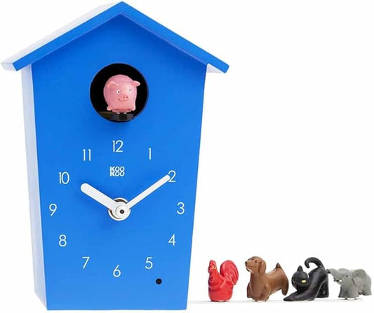 KOOKOO AnimalHouse Blue, Small Cuckoo Clock with 5 Farm Animals Sounds (Natural Field Recordings)