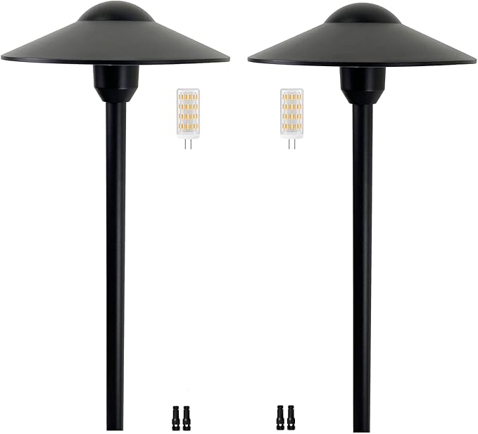 Low Voltage Pathway Lights,Cast Aluminum Landscape Lighting Path Light Garden Driveway Walkway Lighting 12-24V Replaceable G4 LED Bulb Wire Connectors Included 2-Pack Black Finish Round Hat