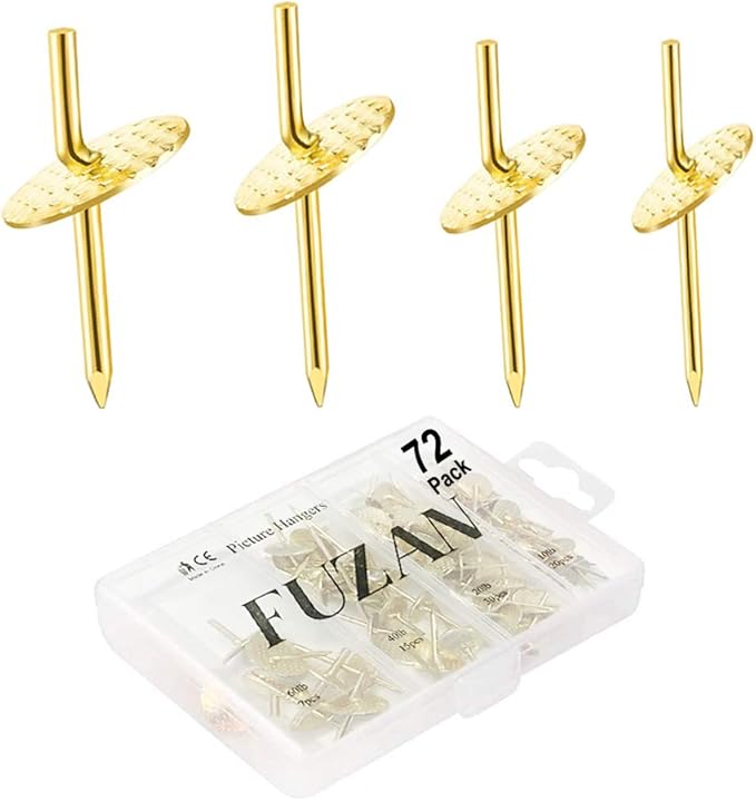 72 pcs Picture Hangers with 10-60lbs, 4 Different Size Picture Hangers, Iron Alloy Nail Hooks, Plaster Picture Hanging Kit on Wooden/Drywall Hanging Hardware for Clock, Mirror, Jewelry