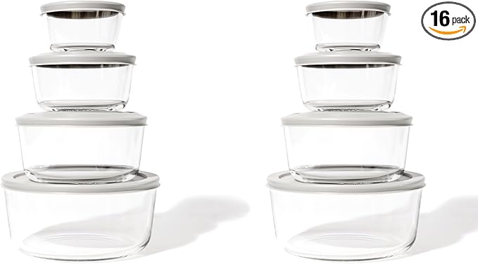 16-Piece Glass Food Storage Containers Set (8 Containers + 8 Lids) | Round, Nesting, Microwave & Dishwasher Safe | BPA-Free, Space-Saving | Grey Lids for Pantry & Kitchen Organization