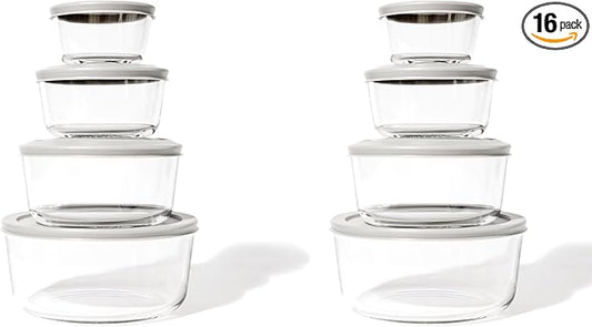 16-Piece Glass Food Storage Containers Set (8 Containers + 8 Lids) | Round, Nesting, Microwave & Dishwasher Safe | BPA-Free, Space-Saving | Grey Lids for Pantry & Kitchen Organization