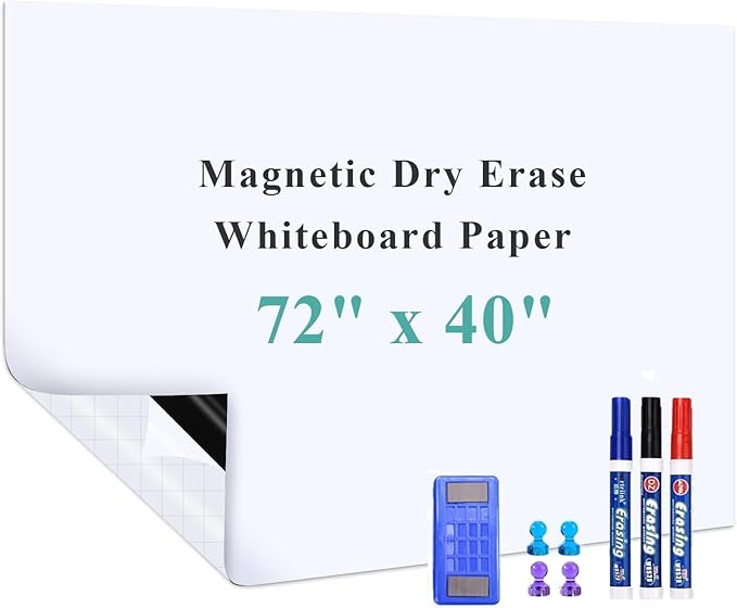 Magnetic Dry Erase Whiteboard Sheet, 72" x 40" Self Adhesive Whiteboard for Wall, Easy to Write and Clean Dry Erase Board for Kids, Office, Home, with Marker, Magnetic Eraser and Magnets