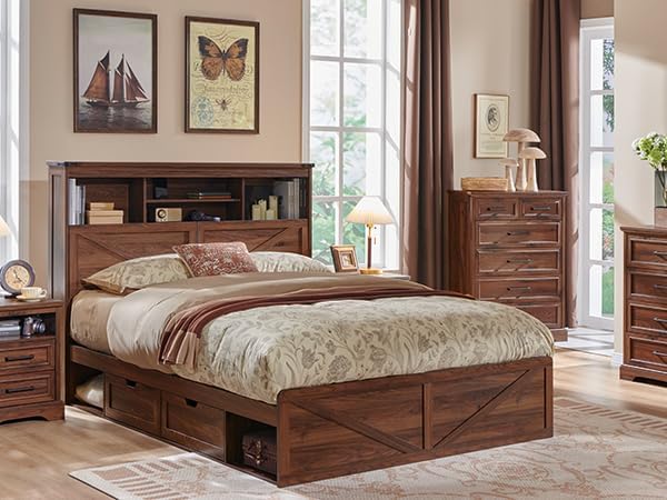 ACCOHOHO Farmhouse Queen Size Bed Frame with 52" Tall Storage Headboard and LED Light,Wood Platform Bed Frame with 4 Drawers and Charging Station,Solid Wood Slats Support,No Box Spring Needed,Brown