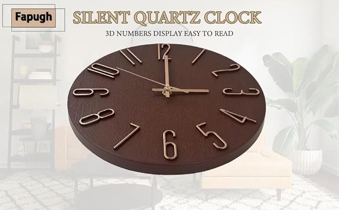 Faupugh 12 inch Silent Wall Clock, Battery Powered Wall Clock Suitable for Home, Office, Kitchen, School, Bedroom, Living Room (Retro Brown)