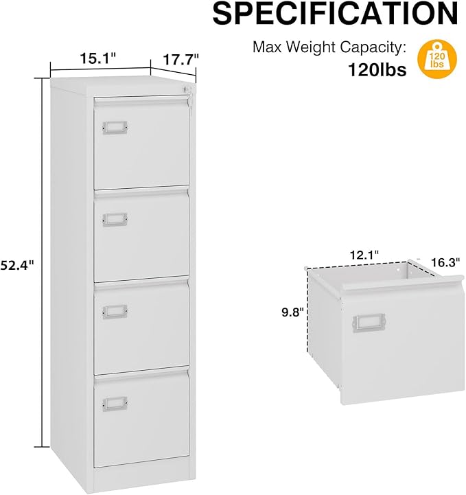 4 Drawer File Cabinet with Lock, Metal Filing Cabinets, Vertical Small Filing Cabinet Steel Lockable Storage Cabinets for Home Office to Organization Hanging Letter/Legal/F4/A4