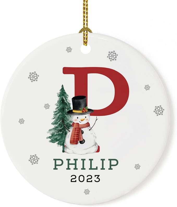 Andaz Press Personalized Ornament, Custom Name, Initial P Monogram Snowman 2.8" Ceramic Porcelain 2025 Christmas Ornament Keepsake for Kids, Boys, Girls, Includes Gold Ribbon & Gift Box, 1-Pack