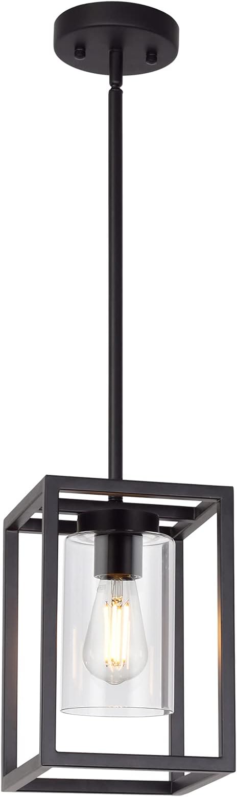 VINLUZ 1 Light Farmhouse Pendant Lighting Black Cage Chandelier Glass Shade Contemporary Modern Kitchen Island Lights Fixtures Ceiling Hanging Dining Room Living Room