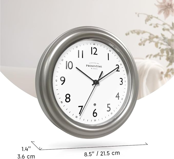 Presentime & Co. 8.5" Modern Farmhouse Night Light Wall Clock, Silent Non Ticking, Silver Color. (Luminous Wall Clock for Office, Home, Bathroom, Kitchen, Bedroom, and School)