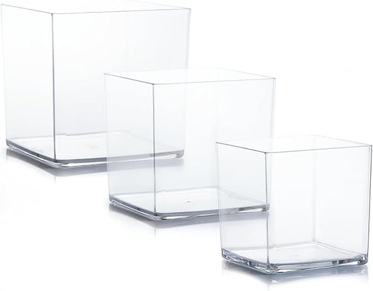 Acrylic Cube Vases Set of 3, Clear Square Vases, Shatterproof Flower Vase Decorative Centerpiece for Home, Wedding, 4”+5”+6”