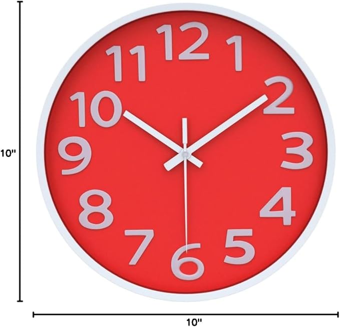 Red Wall Clock 10 Inch Silent Non-Ticking Battery Operated,Small Modern Wall Clocks Quality Quartz Analog Clock Decorative for Kitchen Home School Office, 3D Numbers Easy to Read