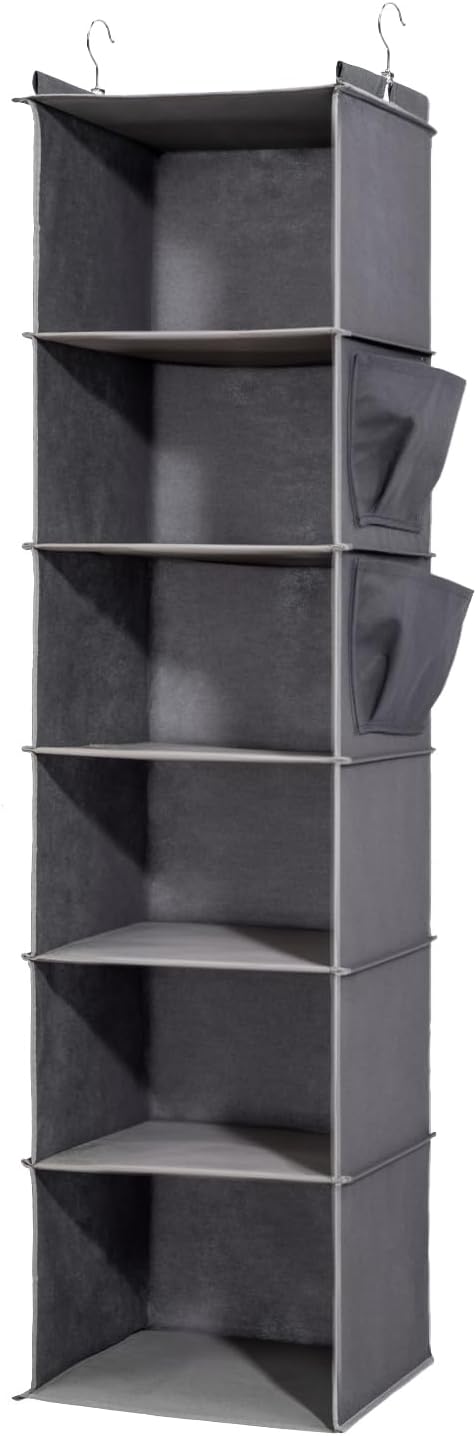 6-Shelf Hanging Closet Organizer and Storage, Collapsible Hanging Shelves for Closet with 2 Side Pockets, Hanging Shoe Organizer to Saving Space,Grey