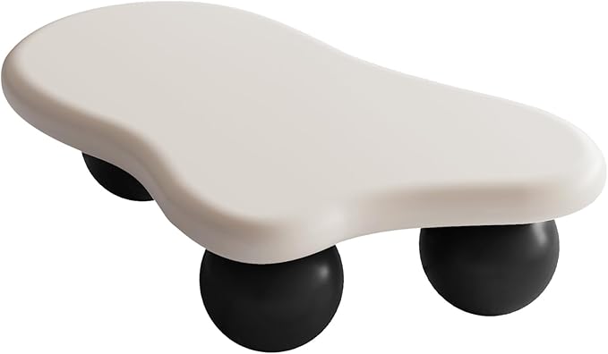 40 Inch Cloud Shaped Coffee Table with 3 Ball Legs for Living Room White Top Black Legs