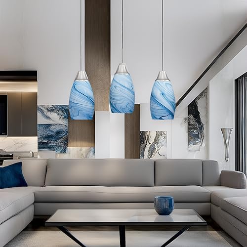 Mini Glass Pendant Light with Handblown Blue Marble Art Glass Shade Adjustable Cord Modern Oval Lamp Ceiling Pendant Light Fixture for Dining Room, kitchen,Foyer, Hallway, Brushed Nickel Finish 3 Pack