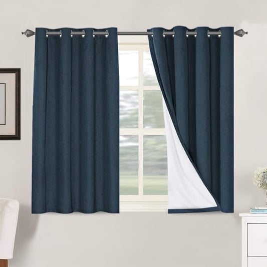 H.VERSAILTEX Linen Blackout Curtains 45 Inches Long 100% Absolutely Blackout Thermal Insulated Textured Linen Look Curtain Draperies Anti-Rust Grommet, Energy Saving with White Liner, 2 Panels, Navy