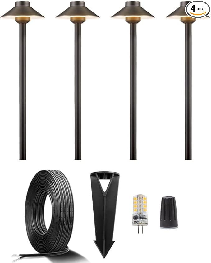 12V Brass Landscape Path Lighting Kit (4 Pack Path Lights) with 100 Feet Cable and 20Pack Wire Connectors for Outdoor House Garden Patio Walkway Without Low Voltage Transformer