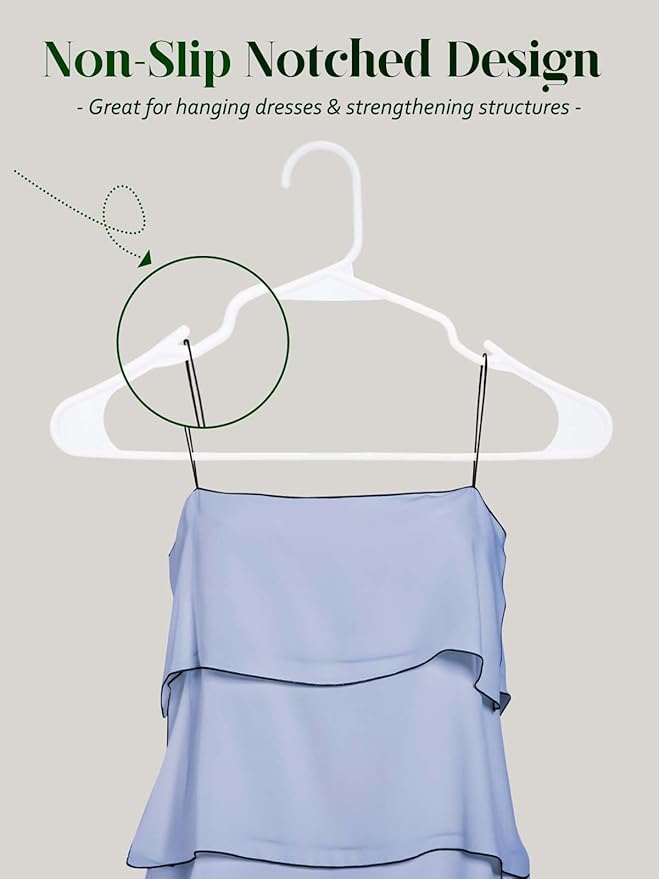 Cozymood Plastic Notched Hangers 50 Pack, Space Saving Tubular Clothes Hangers White, Slim Non-Slip Heavy Duty Plastic Hanger for Everyday Use, Standard Closet Hanger for Shirts, Coats, Dress, Skirts