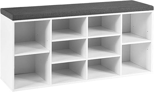 Giantex Shoe Storage Bench with Cushion, Entryway Shoe Rack Bench, Adjustable Shelves, 10-Cubbies Shoe Organizer Bench for Entryway, Living Room, Bedroom, Hallway, Closet, Mudroom (White)