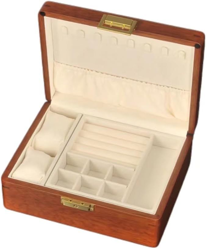 Bescott 2 Layer Solid Wooden Jewelry Box with Lock and Key for Women Men Vintage Velvet Wood Jewelry Organizer Storage for Earrings Rings Necklaces Bracelet Watch Mother’s Day Gift