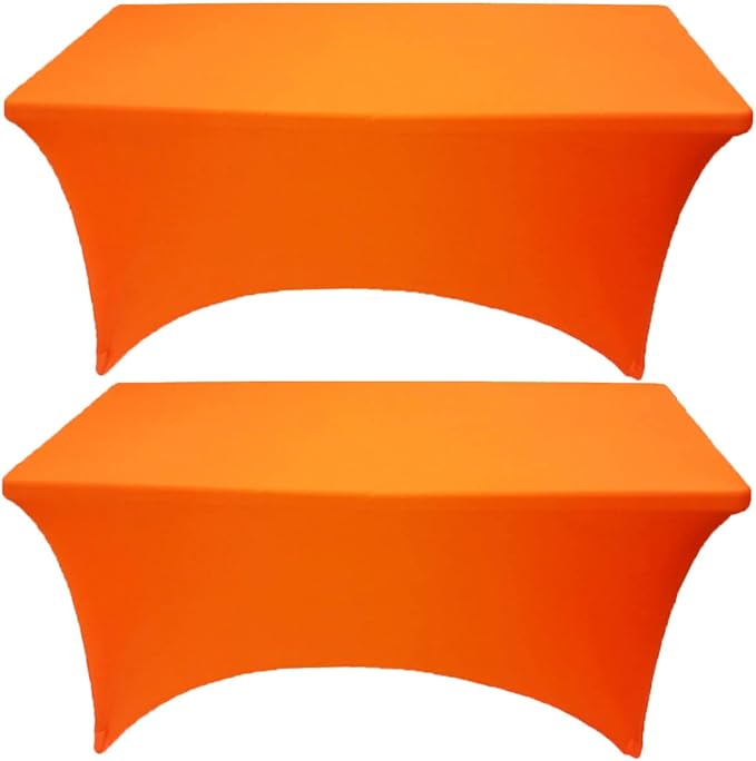 2 Pack 8FT Neon Orange Spandex Tablecloth Stretch Fitted Table Cover for Rectangular Table Event, Wedding, Banquet and Parties