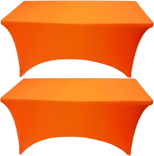 2 Pack 8FT Neon Orange Spandex Tablecloth Stretch Fitted Table Cover for Rectangular Table Event, Wedding, Banquet and Parties