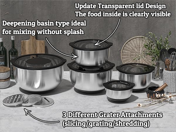Mixing Bowls with Lids Set - Non-Slip, Airtight Warp-Proof TPR-AS Lids, Thicker Stainless Steel Bowls, Measurement Lines & 3 Graters, Prep Meal Bowl, Black Nesting Bowl for Kitchen, 5/3/2/1.5/0.63QT