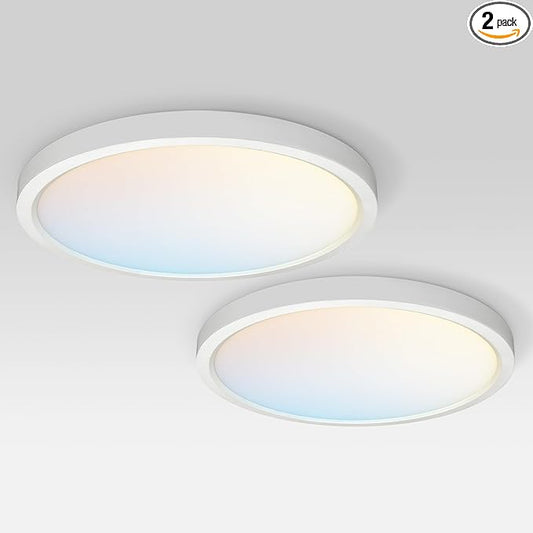 ASD LED 15" Round Flush Mount Ceiling Light Fixture, Low Profile Surface Lighting | 5CCT, Dimmable, Ultra-Thin, ETL Listed | 28W 2300LM 2700-6000K 100-277V | Kitchen, Hallway Lamp | White, 2 Pack