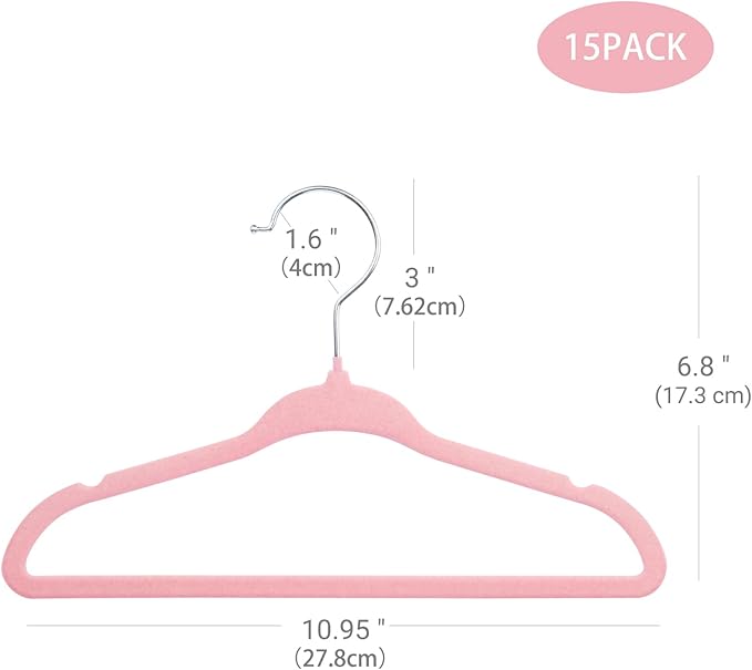 ManGotree 11'' Velvet Baby Hangers, Non-Slip Infant & Toddler Hangers, Ultra-Thin Nursery Hanger with 360° Swivel Hook, Space Saving Children's Hanger for Kids' Clothes, 15 Pack (Pink)
