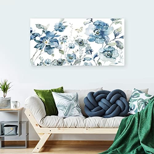 Flower Canvas Wall Art Blue Floral Canvas Painting Pictures for Gallery Wall Decor Butterfly Flies in Indigo Flowers Canvas Prints Artwork for Living Room Bedroom Home Wall Decorations 40" X 20"