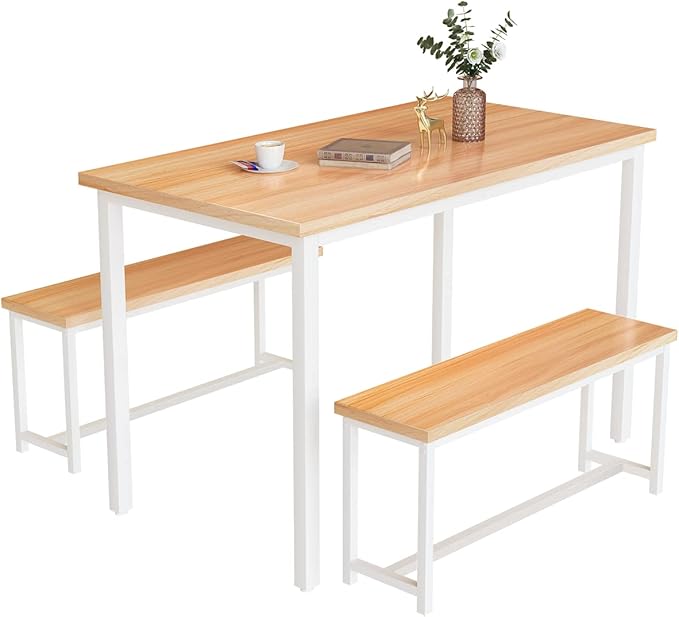 Recaceik Dining Table Set with Bench, 3 Pieces Dining Furniture Set Kitchen Table Set Sturdy Structure Space-Saving Dinette for Kitchen, Dining Room Breakfast Nook, Living Room, Beige