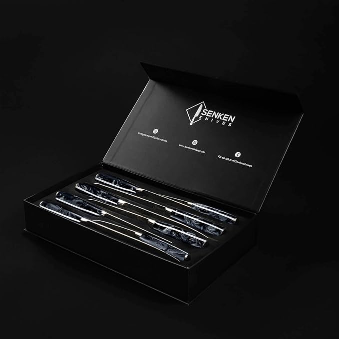 SENKEN 8-Piece Japanese Knife Set with Black Resin Handle and Laser Damascus Pattern - Onyx Collection - Chef's Knife, Santoku Knife, Bread Knife, Paring Knife, & More