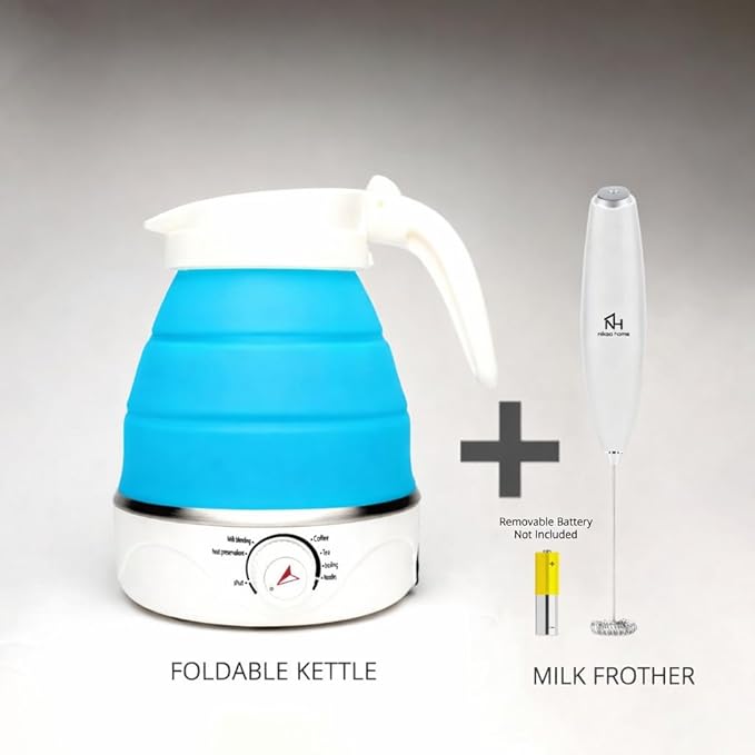 Nikao Home Foldable Electric Kettle Plus Milk Frother and Foldable Cup – Travel kettle, Portable Tea Kettle for Travel, Mini Collapsible Water Warmer, Compact Design and Quick Heating. (Aqua Blue)