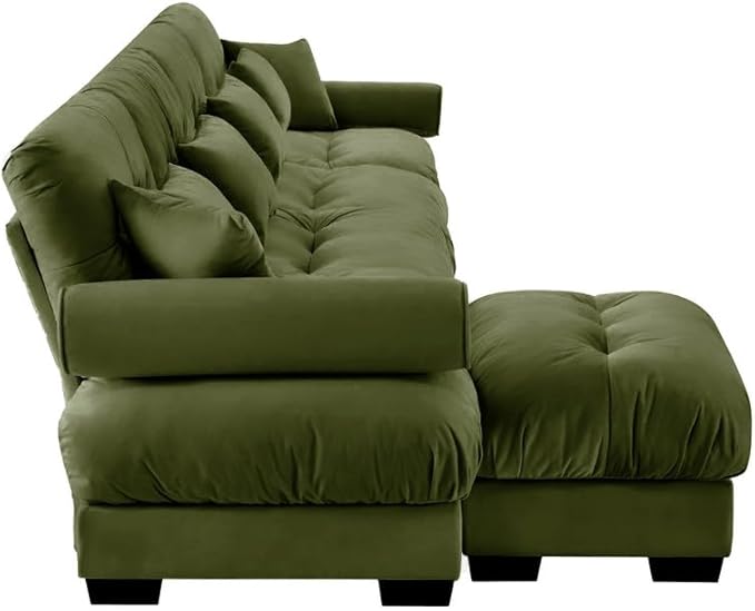 Ball & Cast L Shaped Sectional Cloud Sofa,166" Modular Velvet Sectional Couch with Movable Ottoman,4 Seater Couches w/Waist Pillow,Throw Pillows and Blostered Armrest,for Living Room,Olive Green