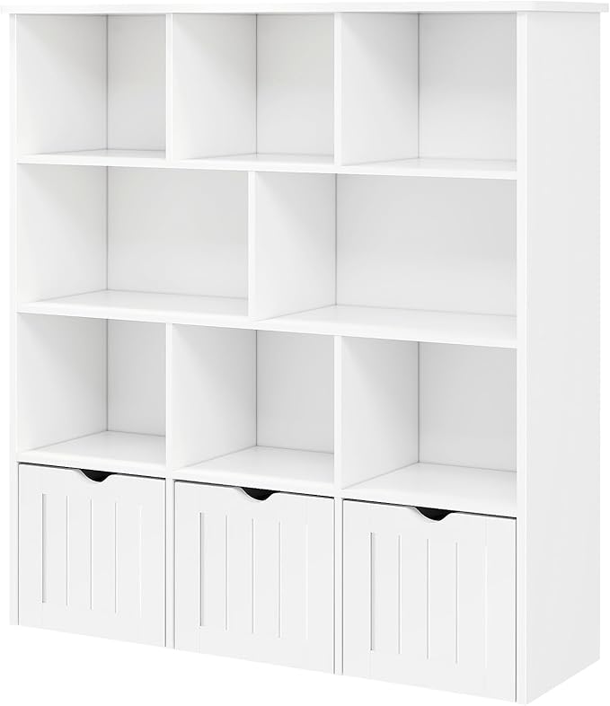 Toy Storage Organizer with Bookshelf, Large Toy Organizers and 3 Movable Drawers with Hidden Wheels and 8 Storage Cubbies, Kids Bookshelf and Toy Storage Chest, Playroom Furniture, White