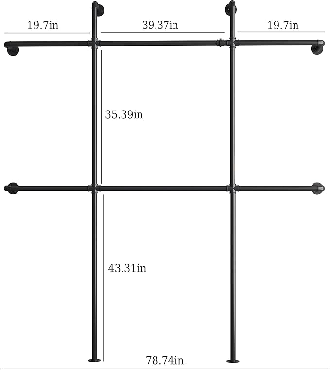 Industrial Pipe Clothing Rack Wall Mount, Black Pipe Clothes Rack with 6 Hanging Rods, Heavy Duty Pipe Clothing Rack for Laundry Room, Closet Systems for Walk in Closets