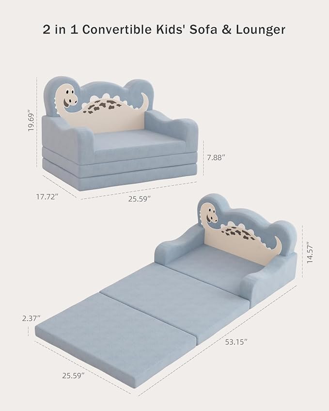 2-in-1 Kids Couch Fold Out, Convertible Toddler Couch to Lounger, Toddler Chair Comfy, Kids Sofa for Girls and Boys, Gift for Birthday, Children's Day, Dinosaur Blue