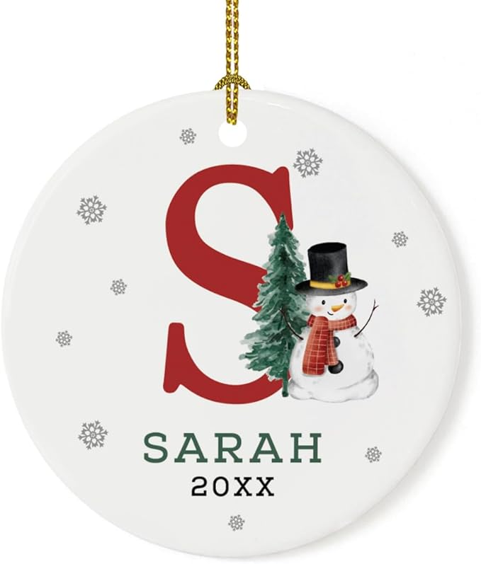 Andaz Press Personalized Ornament, Custom Name, Initial S Monogram Snowman 2.8" Ceramic Porcelain 2025 Christmas Ornament Keepsake for Kids, Boys, Girls, Includes Gold Ribbon & Gift Box, 1-Pack