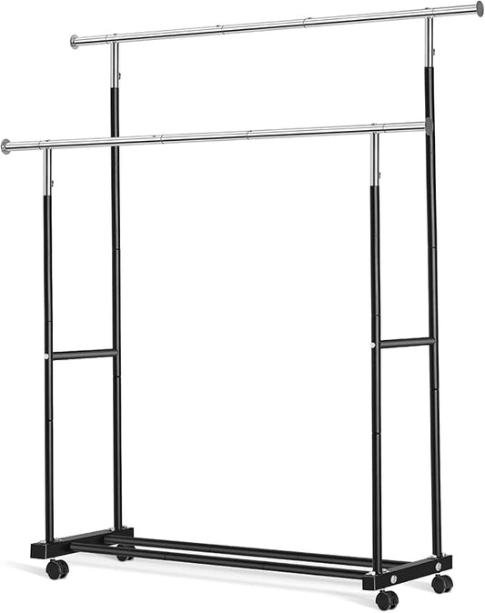 Double Clothing Rack, 130LB Capacity Heavy Duty Garment Rack with Wheels and Bottom Shelf, 55.51 Inch Long Rolling Clothes Racks for Hanging Clothes, Black