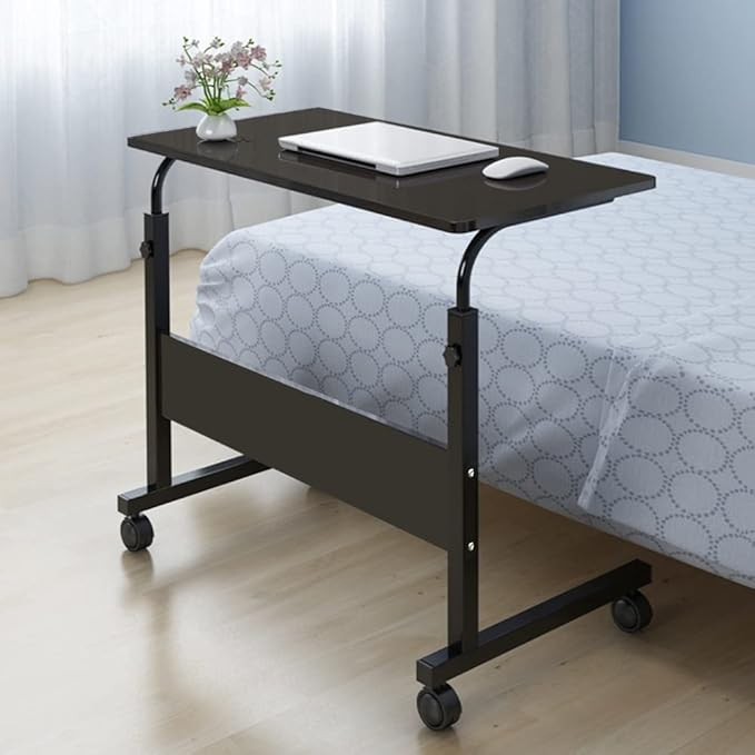 Goujxcy Sofa Side Table C Shaped End Table with Wheels, Rolling Bedside Laptop Table Snack Table TV Tray, Height Adjustable, Wooden Top & Metal Frame