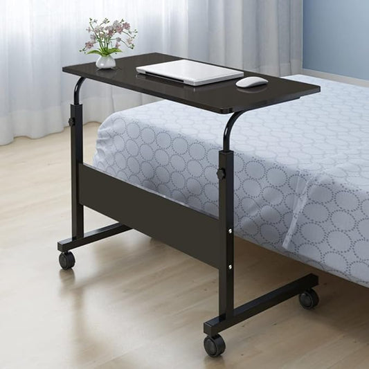 Goujxcy Sofa Side Table C Shaped End Table with Wheels, Rolling Bedside Laptop Table Snack Table TV Tray, Height Adjustable, Wooden Top & Metal Frame