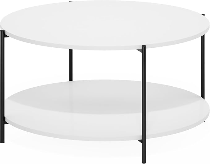 Furinno Besi 2-Tier Modern Round Coffee Table Table with Sturdy Metal Legs, White/Black