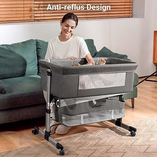 Bedside Crib,3 in 1 Baby Crib Adjustable Portable Bed for Infant,Baby Bassinet with Mosquito net Newborn Bed,Grey