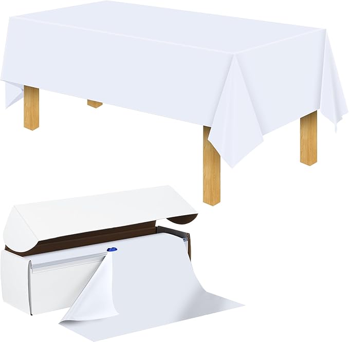 Preboun 54 Inch x 100 Feet Plastic Table Cloth Disposable Table Cover Roll Plastic Tablecloth with Convenient Slide Cutter Box for Party Picnic Banquet Kid's Activities (White)