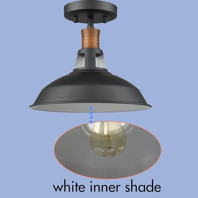 CLAXY 1-Light Semi Flush Mount Light Fixture Farmhouse Ceiling Light with Black and White Shade Dimmable