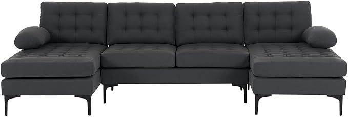 VINGLI 110" Modern U Shaped Sectional Sofa Couch with 51" D Double Chaise for Living Room, Large Tufted Button Couch Sets with 5.9" Thickness Seating Padding for Small Spaces (Grey,Tufted Button)