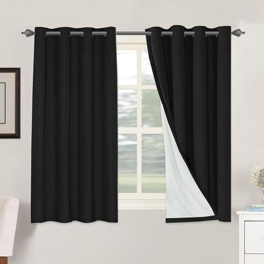 H.VERSAILTEX 100% Blackout Curtains for Bedroom Thermal Insulated Linen Textured Curtains Heat and Full Light Blocking Drapes Living Room Curtains 2 Panel Sets, Black, 52x54 Inch