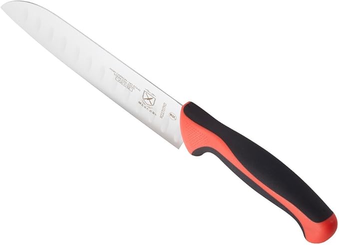 Mercer Culinary Millennia Colors Santoku Knife, 7-Inch Granton Edge, Red