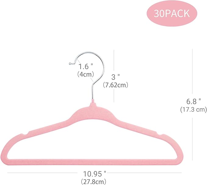 ManGotree Velvet Baby Clothes Hangers, Baby Toddler Kids Hangers with Swivel Hook, Notched Shoulder Design for Kids and Children Clothes (30 Pack, Pink)