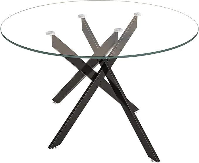 Round Glass Dining Table,Glass Dining Room Table with Tempered Glass Tabletop and Metal Legs, Modern Style Round Kitchen Table for Home, Kitchen, Dining Room